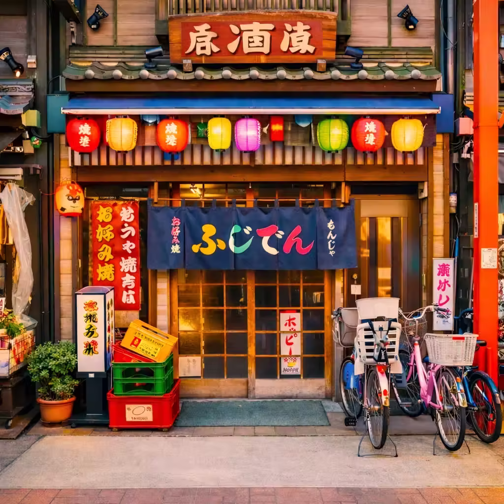 Traditional Japanese storefront featuring colorful lanterns, a blue noren curtain with ふじでん, and two bicycles parked by the entrance.