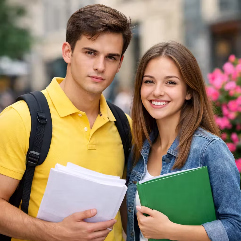Two smiling young students, a man in a yellow shirt with a backpack holding papers and a woman in a denim jacket holding a green folder, stand outdoors near pink flowers